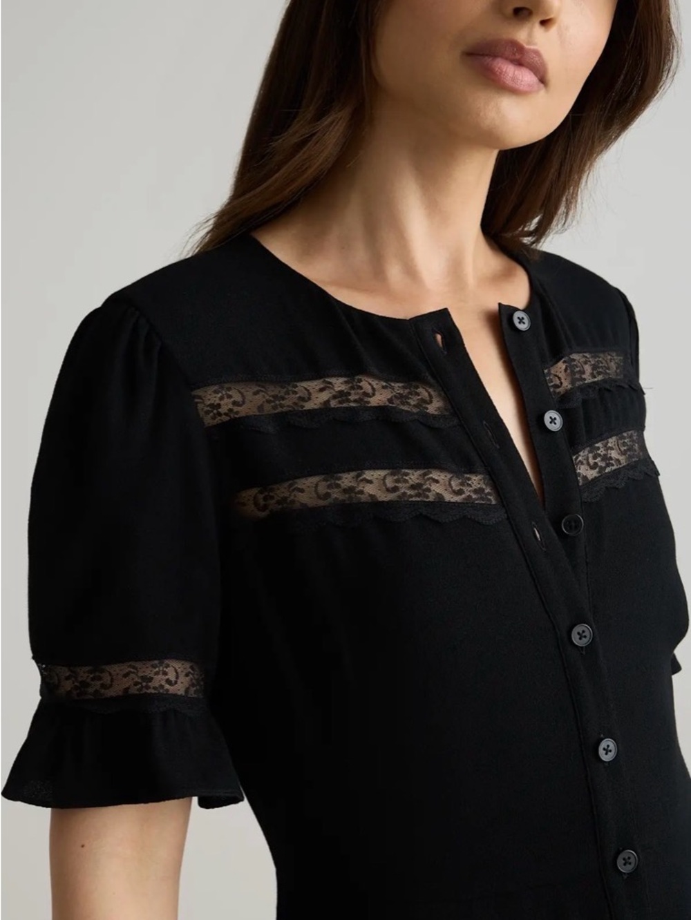 NWT Quince Lightweight Crepe Lace Inset Midi Dress Black Large NEW - Picture 3 of 13